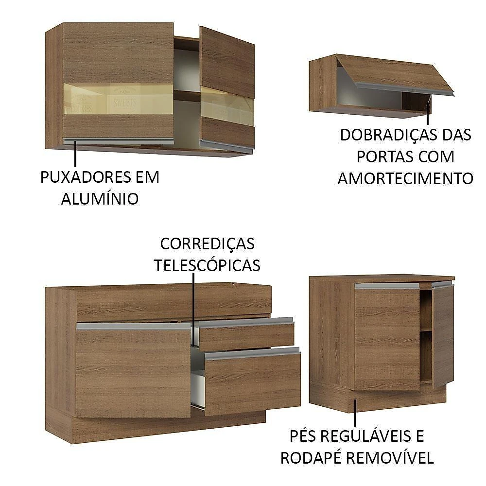 Armário De Cozinha Completa 200cm Rustic Glamy Madesa 07 Rustic