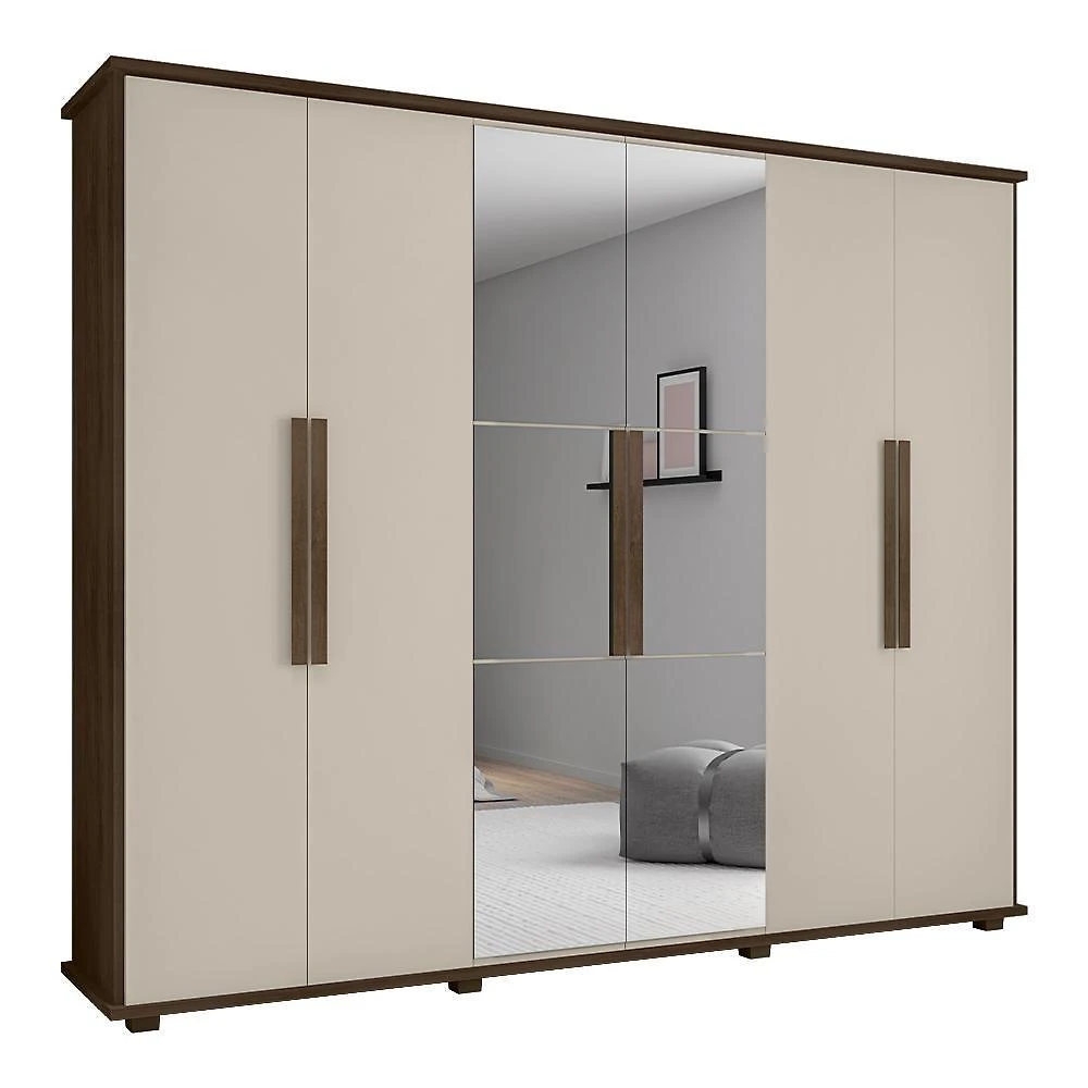Guarda Roupa Casal Vértice 6 Portas 4 Gavetas MDP MDF com Espelho Freijó Off White RV Móveis