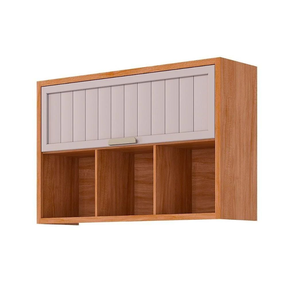 Armário Aéreo P- Cozinha Eloise C- 1 Porta Basculante Riscada E 3 Nichos 120 Cm Cinamomo-off White - Mgm