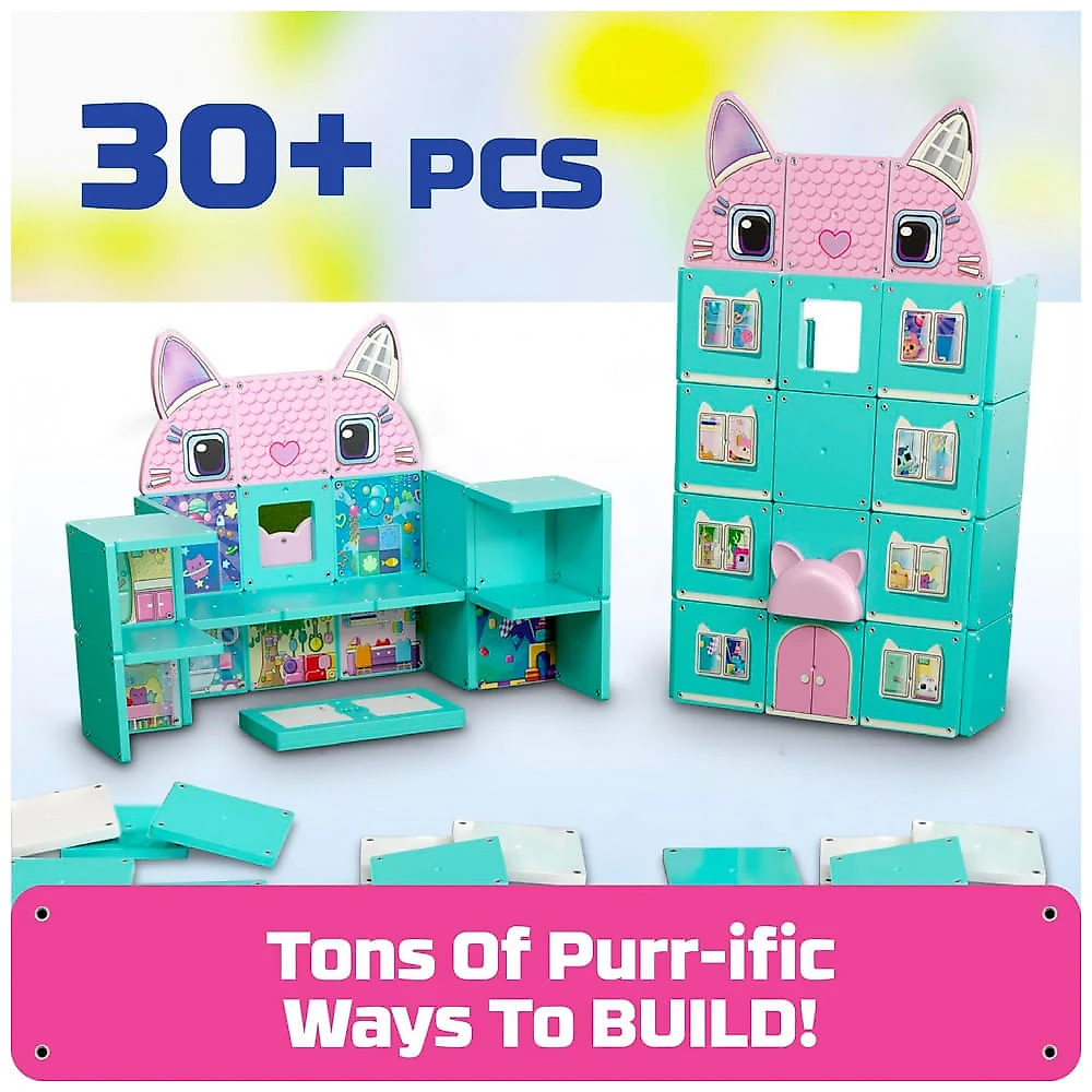 Conjunto de Construção Magnética Tile Town Gabbys Dollhouse 35 Peças, Brinquedo Interativo STEM de Telhas Magnéticas, Inclui Figuras de Gabby e Pandy