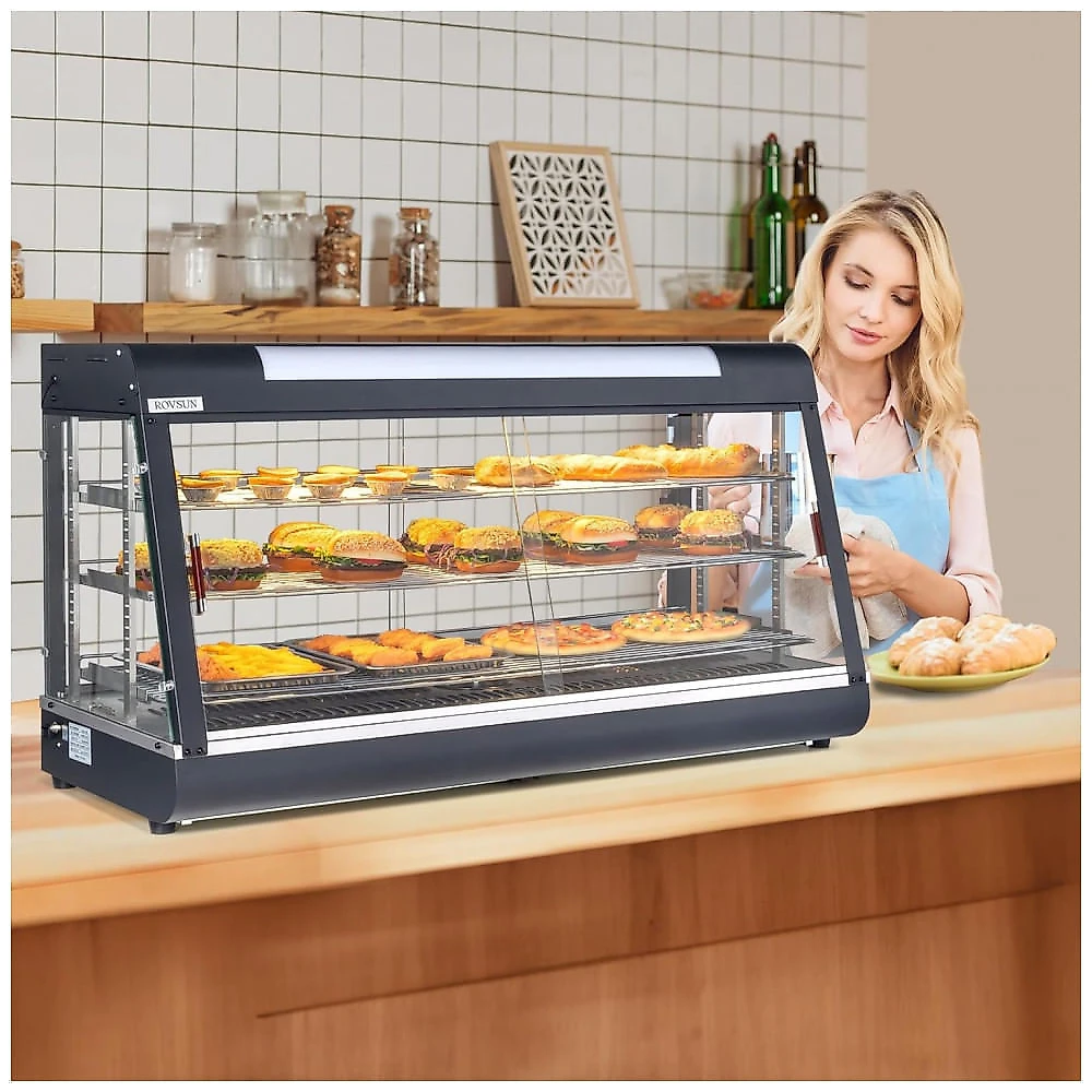 Expositor Aquecedor de Alimentos ROVSUN Preto 3 Níveis 122 cm com Prateleiras Ajustáveis Removíveis e Portas Duplas, 110V.