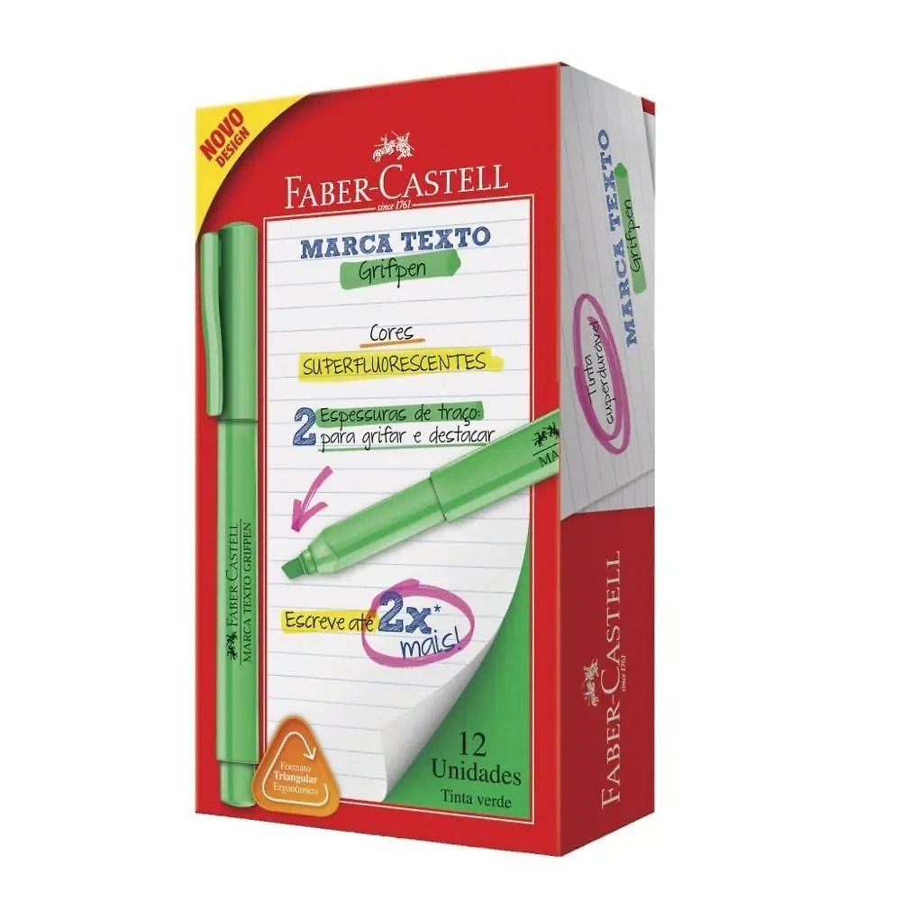 Marca Texto Faber-Castell Grifpen Ponta Fina Kit com 12 Unidades para Estudo e Escritório Verde