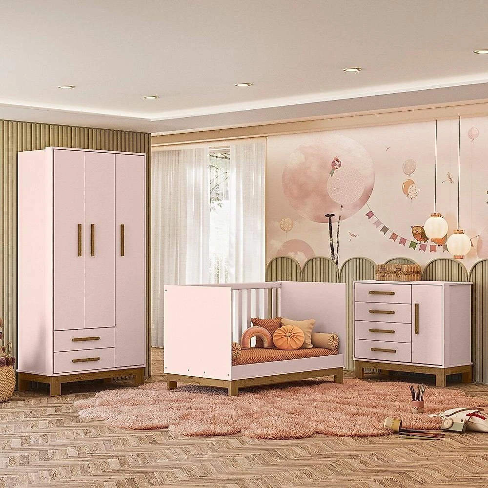 Quarto para Bebê Completo 3 Peças Guarda-Roupa, Cômoda e Berço Encanto Slim Quarto para Bebê Completo com Roupeiro Cômoda e Berço Encanto Slim Rosa Acetinado