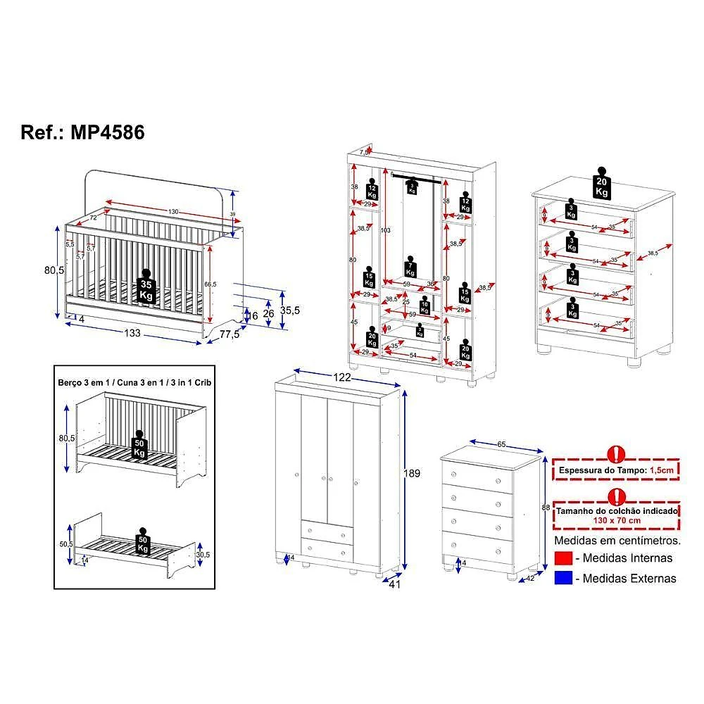 Quarto De Bebê Completo Com Berço Americano 3 Em 1 Allegra Multimóveis MP4586 Madeirado-off White
