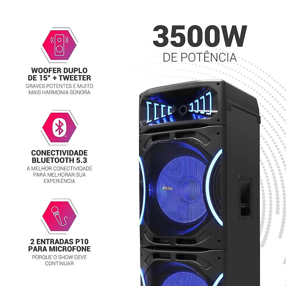 Caixa de som amplificada philco pcx35000 bluetooth 3500w rádio fm função ex bass e flash light bivolt