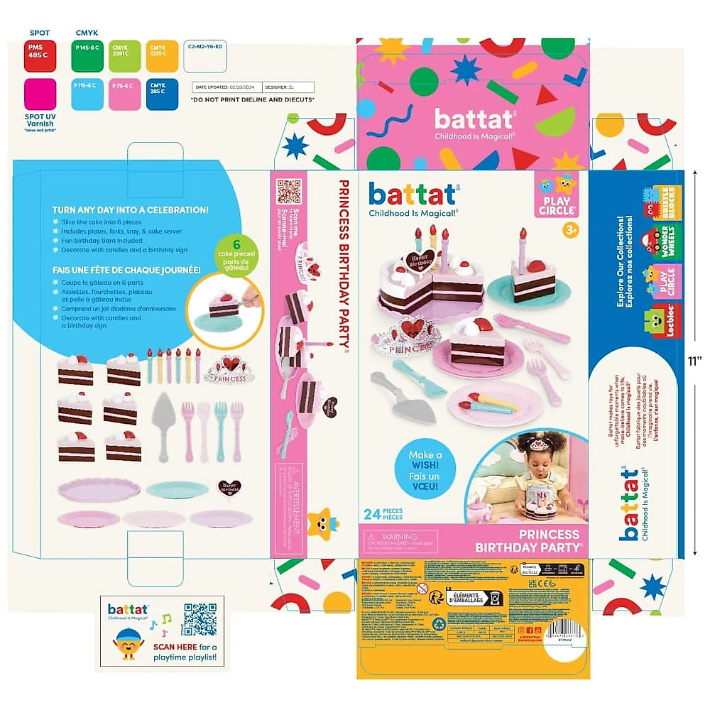 Battat Play Circle - Bolo de Aniversário Comida de Brinquedo - Acessórios com Pratos e Velas Brinquedo de Faz de Conta - Festa de Princesa(24 Peças)