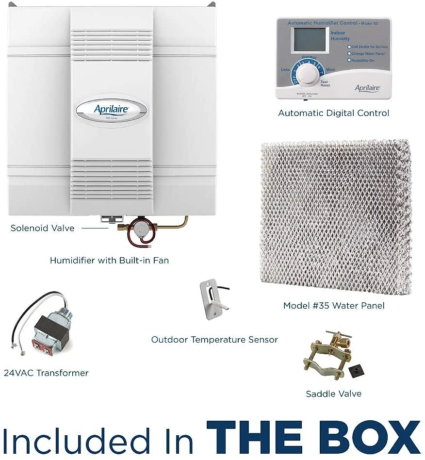 Aprilaire 700 Umidificador/Evaporador Elétrico, embutido, 68 L, alcance de 4.200 m², automático, branco.