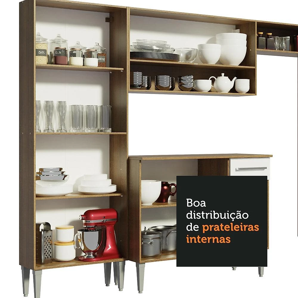Cozinha completa de canto reto madesa emilly sun com armário e balcão 11 portas 1 gaveta - rustic/branco