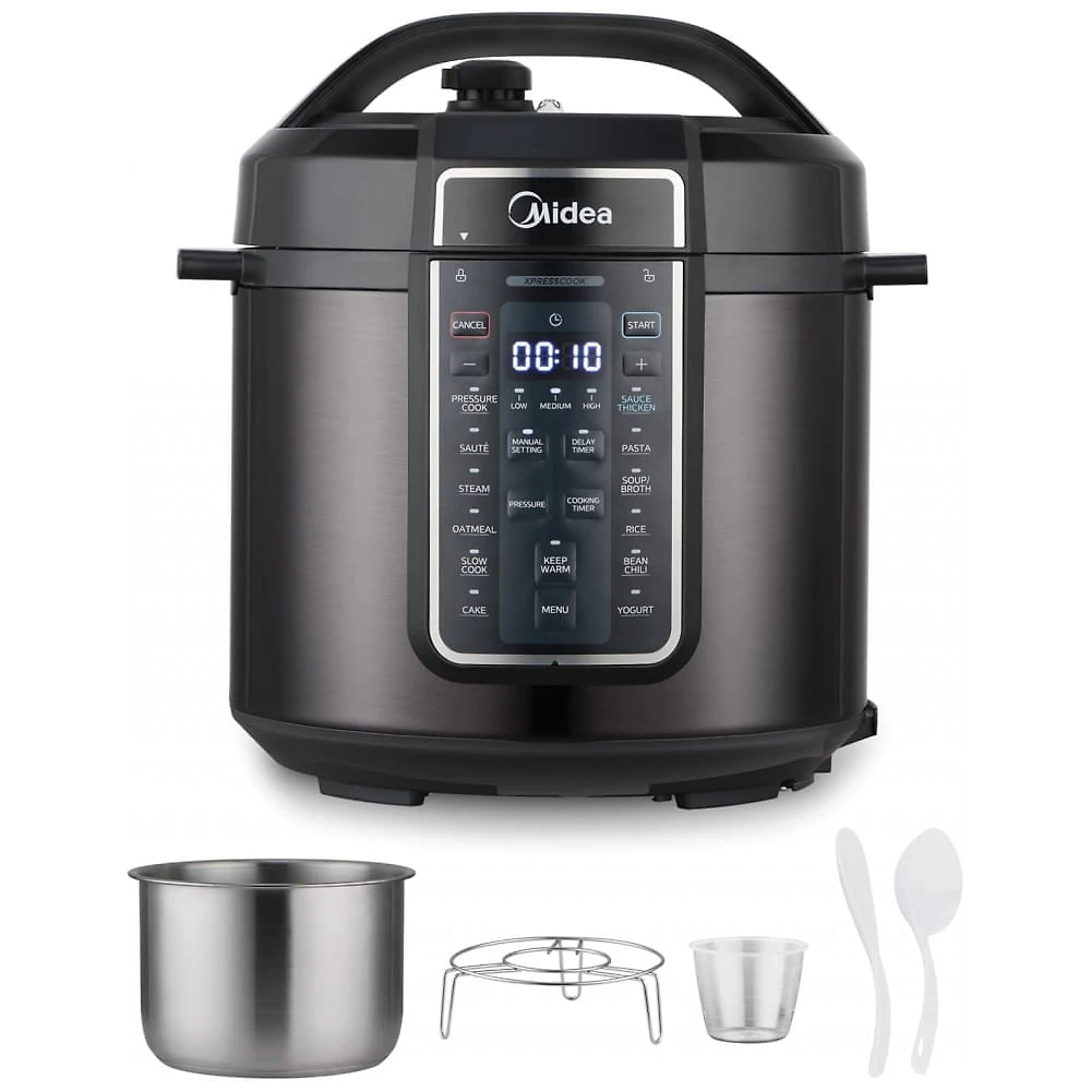 Panela Elétrica de Pressão Midea 12 em 1, 6 Litros, 12 Programas, Panela de Arroz, Vaporizador, Frigideira, Iogurteira, e Mais, Aço Inoxidável Preto