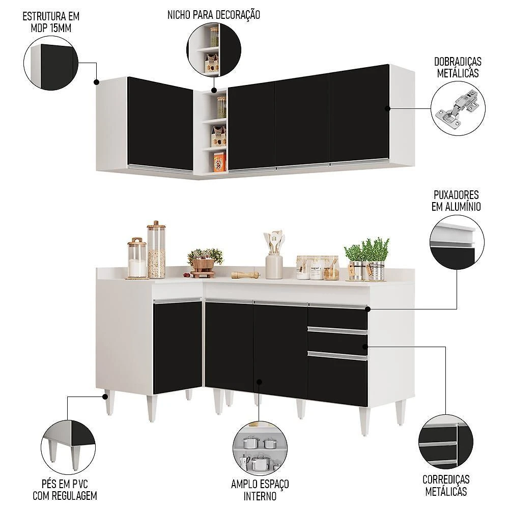 Miniatura Armário De Cozinha Modulado De Canto Direito 4 Peças Cp38 Balcão Com Tampo Branco/preto - Lumil