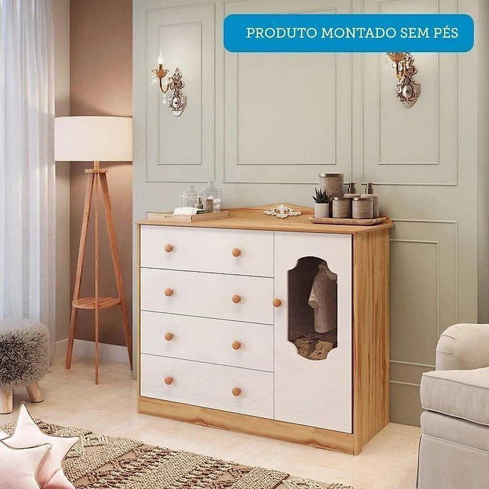Quarto de Bebê com Guarda-roupa Cômoda e Berço com Capitonê 100% Mdf Maya Provençal Espresso Móveis Branco Brilho/Amêndoa/Branco