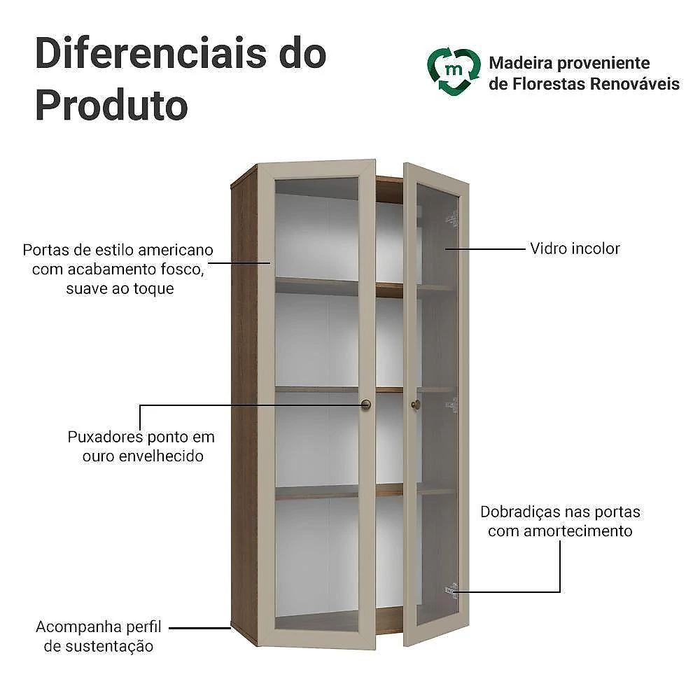 Cristaleira Suspensa Vik 2 Portas de Vidro Rustic Crema 70CM Madesa
