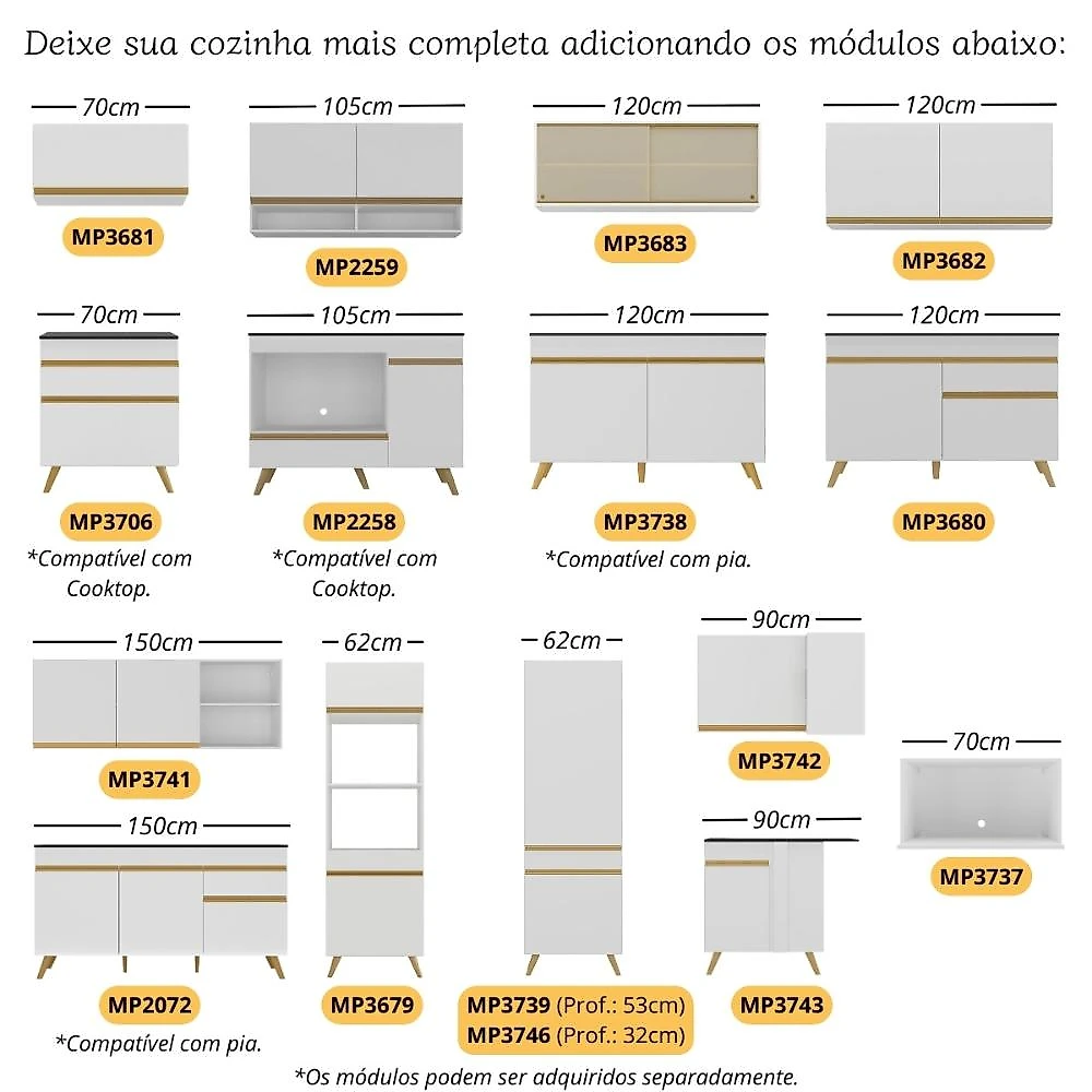 Armário de Cozinha Modulada Completa Canto 409cm com Balcão para Cooktop Veneza Multimóveis MP2303 Branco