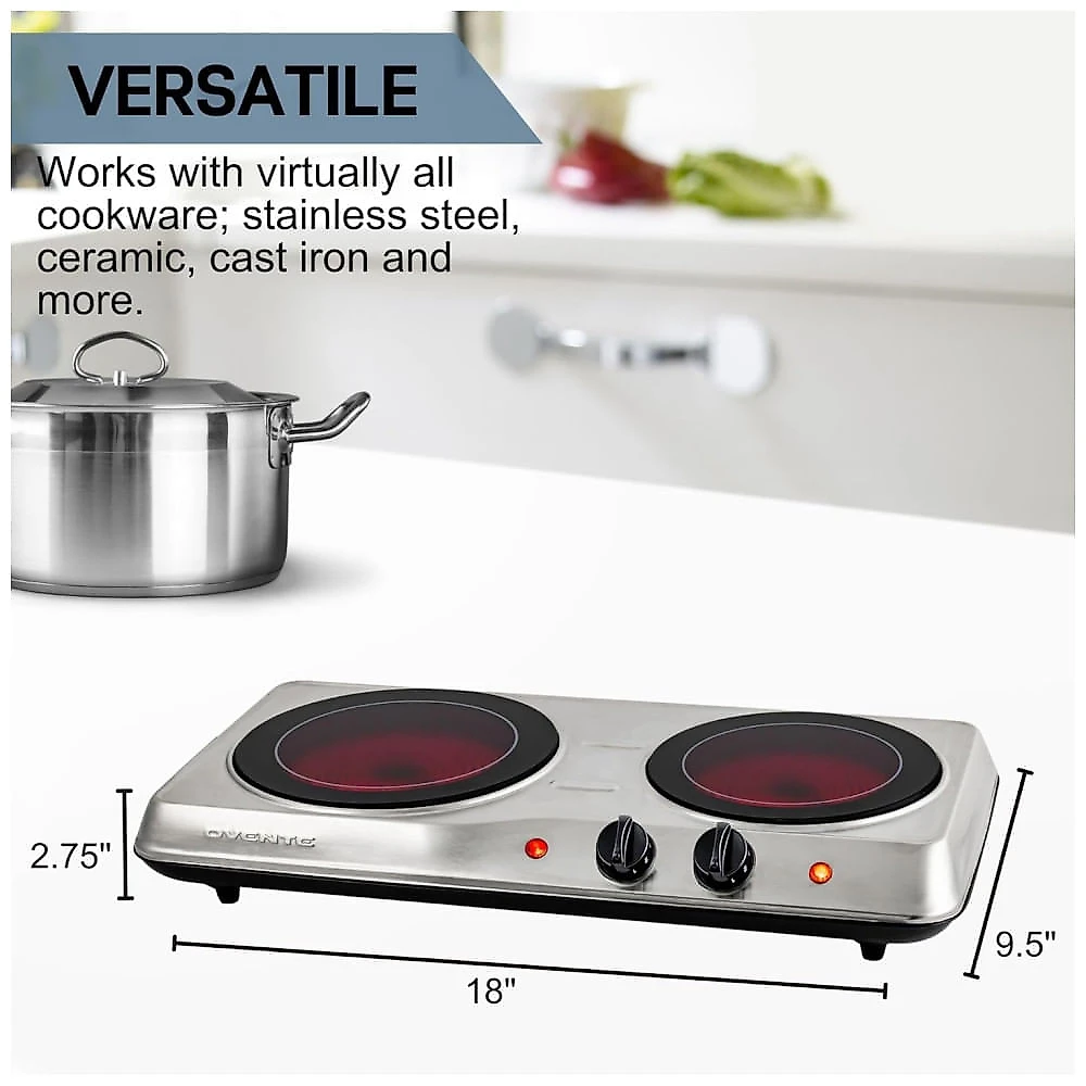 Cooktop Eltrico de Infravermelho Porttil de Vidro Cermico com Queimador Duplo,  Ajuste de Temperatura em 5 Nveis e Fcil de Limpar, 110V 1700W, OVENTE 110v
