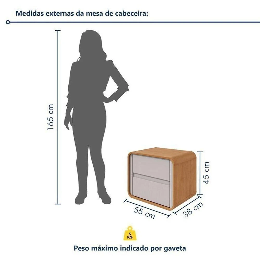 Quarto Completo Cama Solteiro com Cômoda 8 Gavetas e Mesa de Cabeceira Amêndoa Clean/Off White