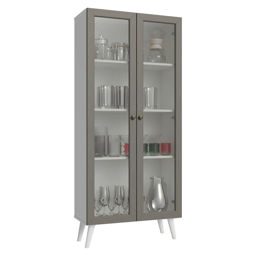 Cristaleira 70 cm 2 portas de vidro com pés cônicos branco/cinza/branco vik madesa