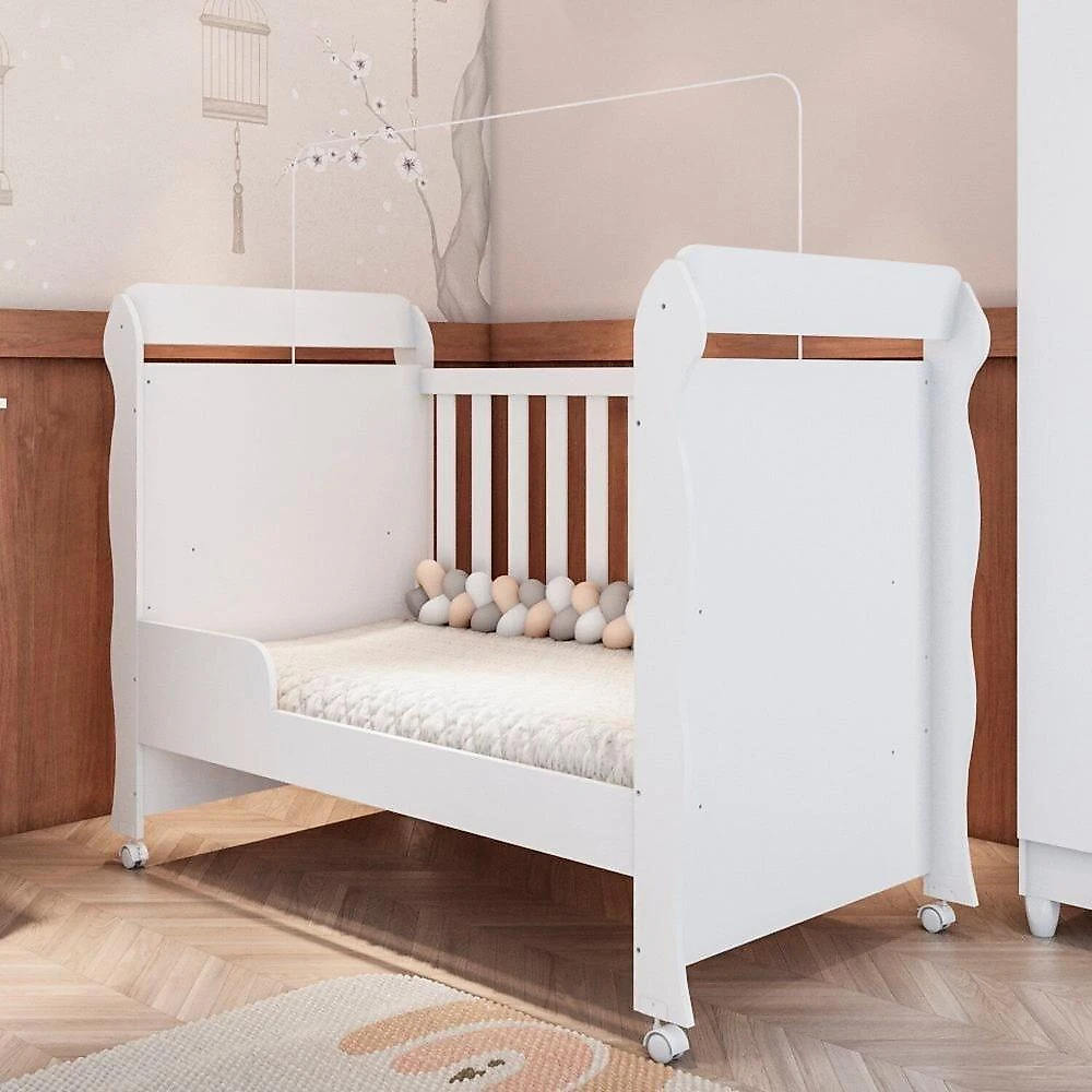 Quarto de Bebê Completo Berço Mini Cama e Guarda-roupa 4 Portas Mirelle Branco