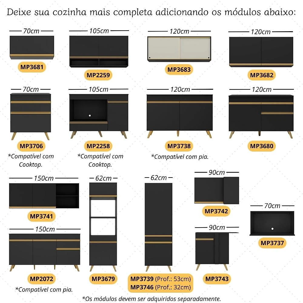 Cozinha Compacta Jogo de Panela Brinde FL2267P Multimóveis Preto/Dourado