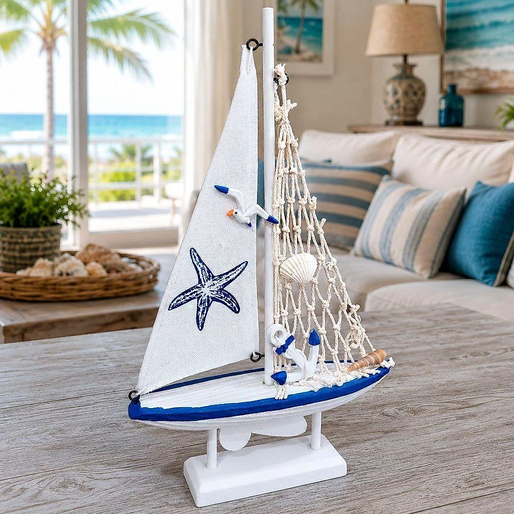 Enfeite Barco Miniatura com Detalhes Náuticos Artesanal Branco