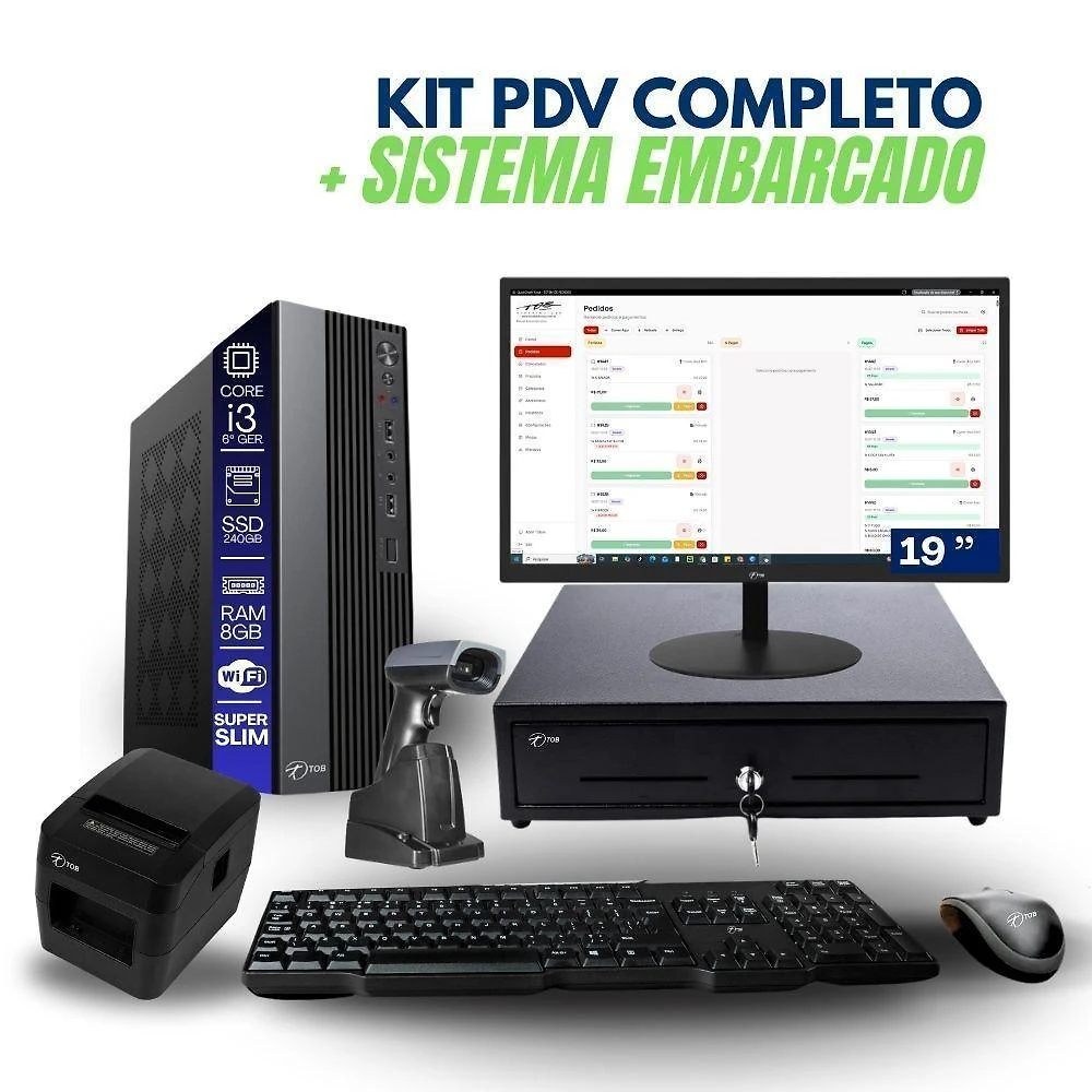 Kit Automacao PDV Core I3 6aG 8GB SSD 240GB Monitor 19 Impressora Gaveta Leitor Sistema TOB Food Tob