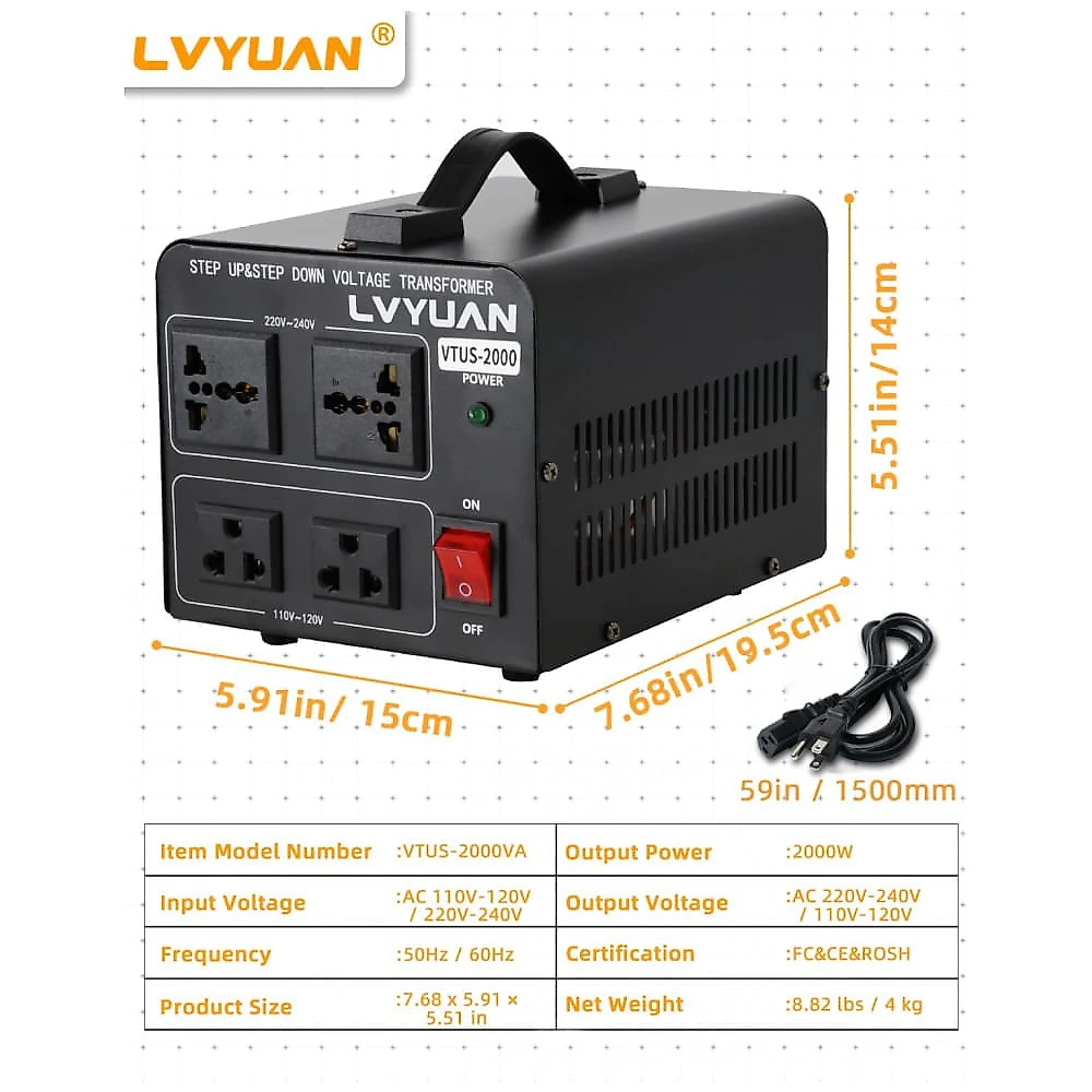 Transformador de Tensão Bidirecional LVYUAN 2000W 110V/220V 4 Tomadas Cobre Puro, Modelo VTUS-2000