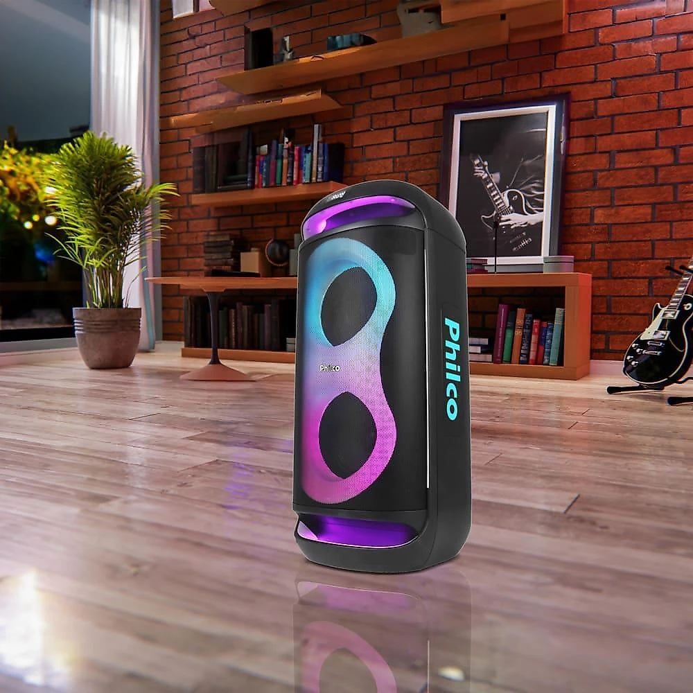 Caixa de som amplificada philco pcx6702 com bluetooth, ex bass, iluminação led e até 12h de bateria - 800w