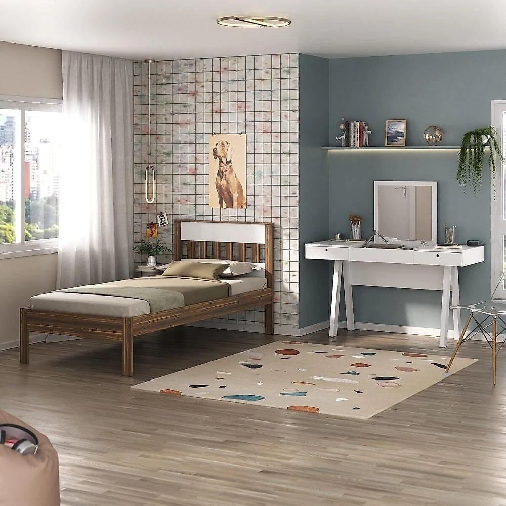 Cama De Solteiro Para Colchão 88 X 188 Cm Com Penteadeira 131,5cm Multimóveis CR35247 Nogal/branco