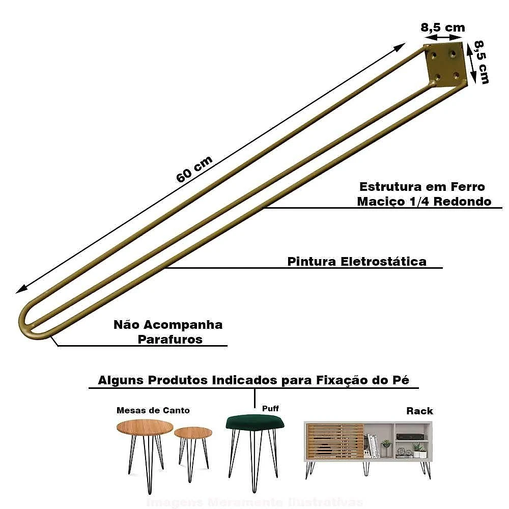 Kit 8 Pés De Metal 60 Cm Legs Mesa De Canto Aparador Dourado