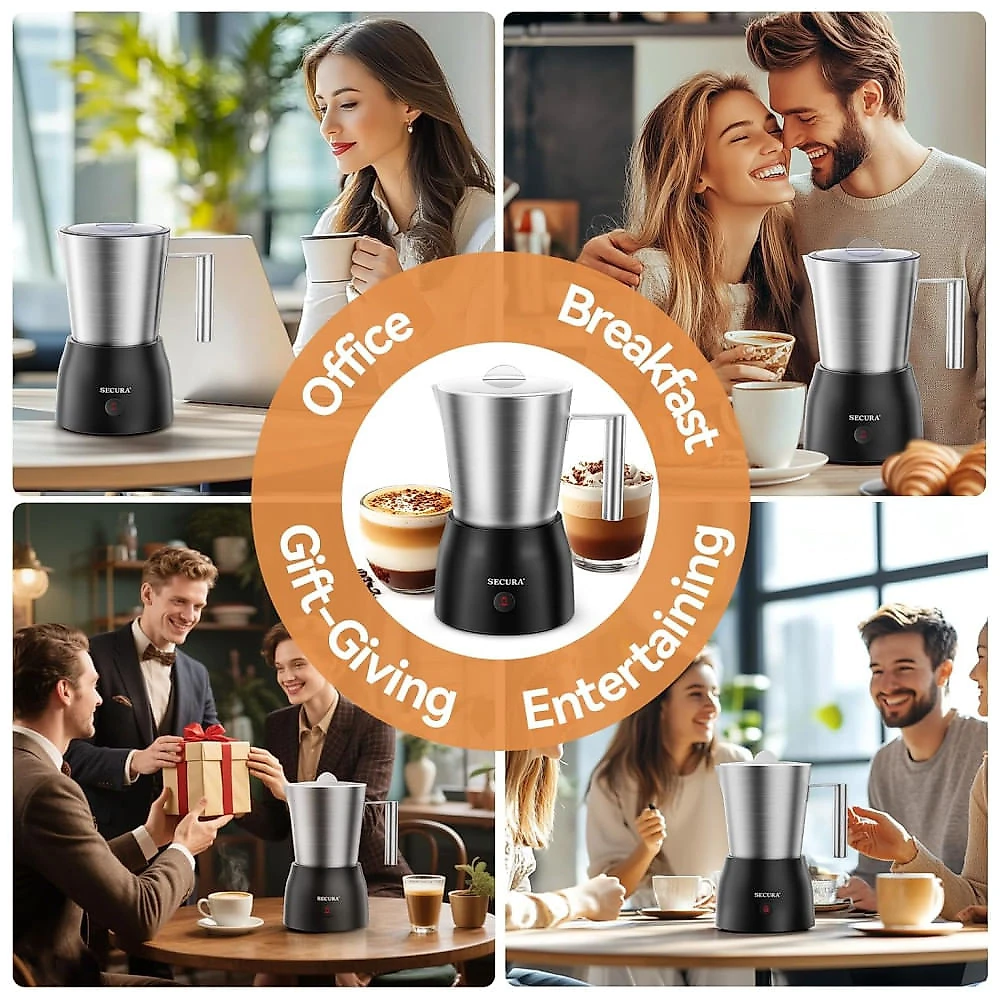 Espumador de Leite e Chocolate Quente com o Batedor de Leite Destacável Secura de 500ml em Aço Inoxidável Clássico,Secura