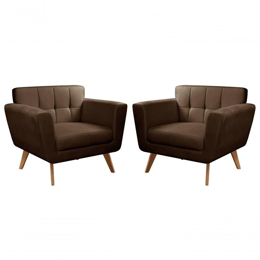 Kit 2 Poltronas Bruna para Sala de Estar com Pés Palito Veludo Marrom 260 Bella Decor