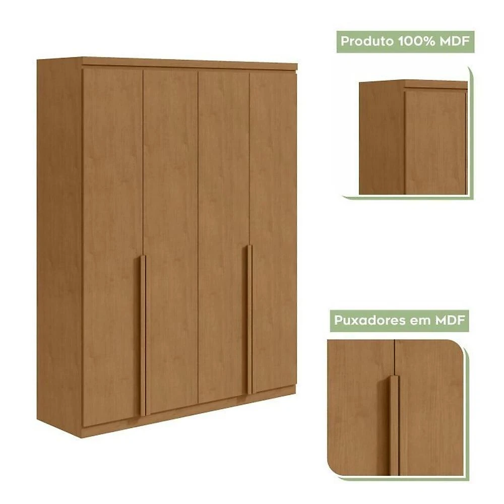 Quarto Infantil com Guarda-roupa Solteiro 4 Portas 2 Gavetas Alonzo e Cama Solteiro Athenas Amêndoa Clean
