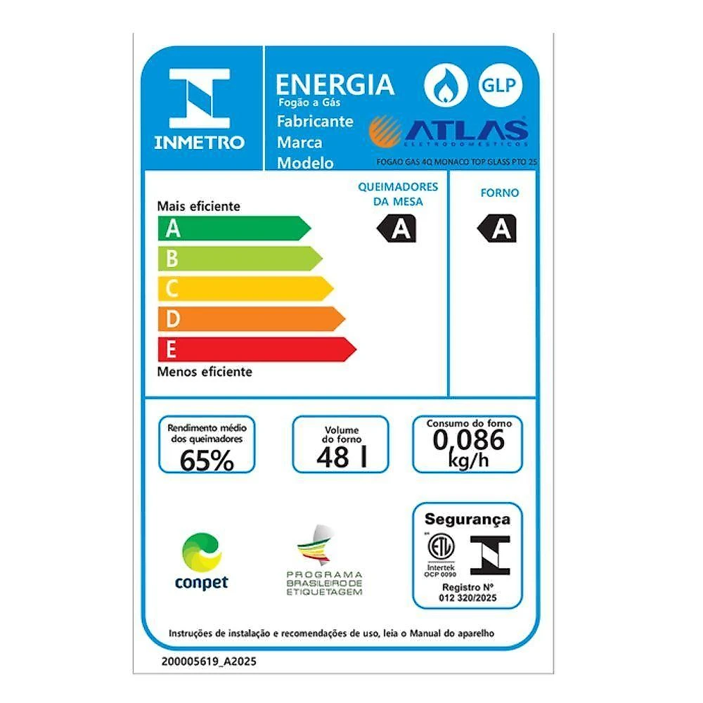 Fogão Monaco Top Glass New 4 Boca Atlas Preto Bivolt