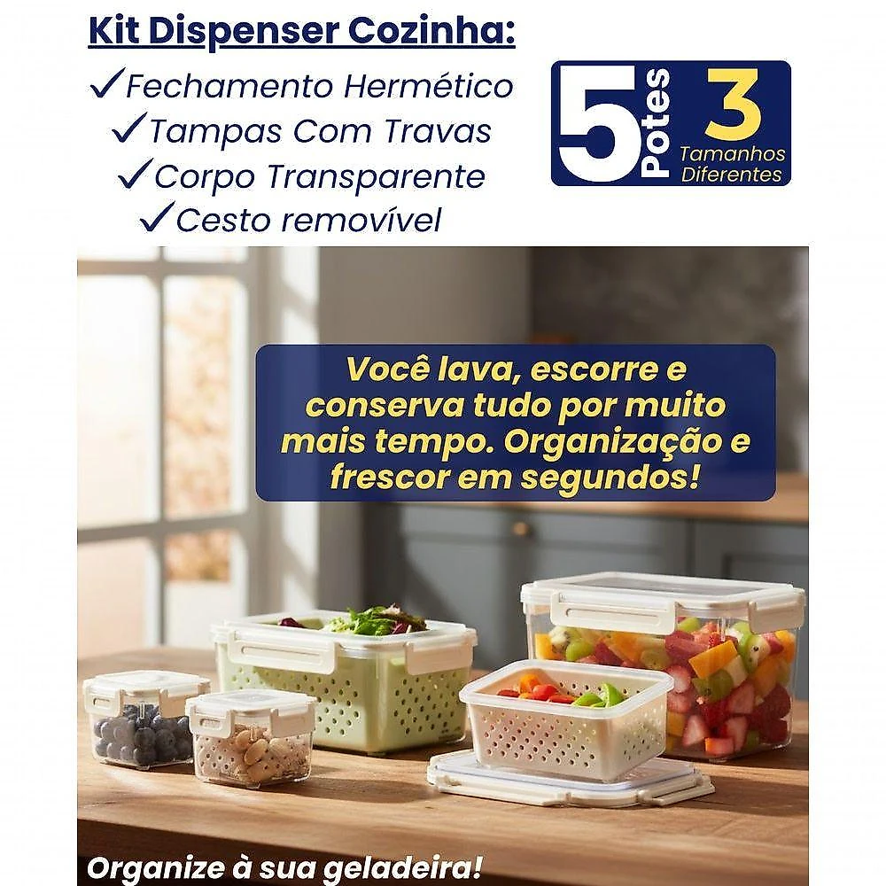 Conjunto 5 Potes Herméticos Translúcido com Cesto Escorredor Bpa Free Top Rio Comercial
