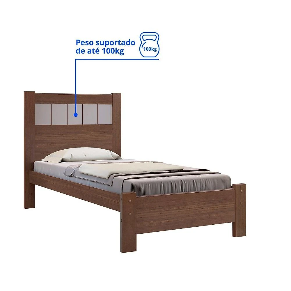 Cama Solteiro Premium Plus 100% MDF Castanho Com Off White