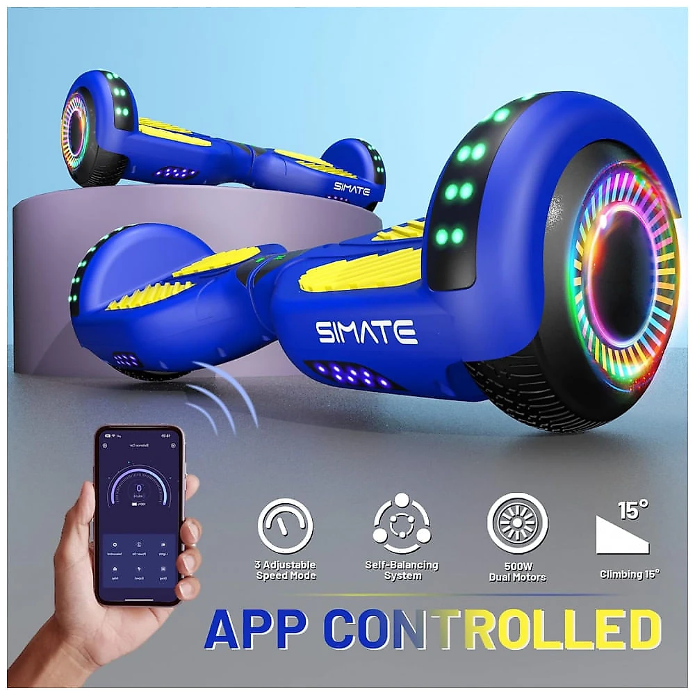 Hoverboard SIMATE Azul Amarelo All Terrain com Bluetooth, Luzes de LED e Controle por Aplicativo – Crianças e Adultos