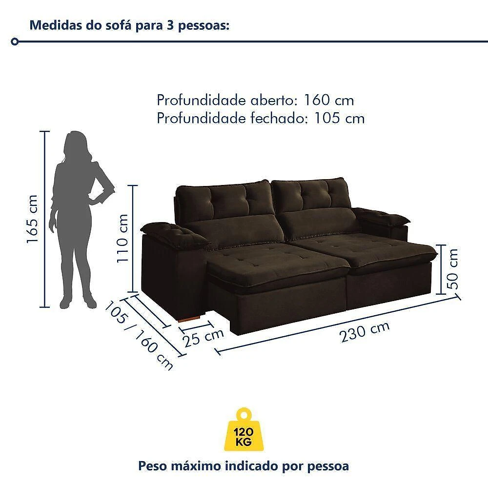Sofá Retrátil Toronto 3 Lugares Reclinável 230CM Marrom Veludo Rei de Casa