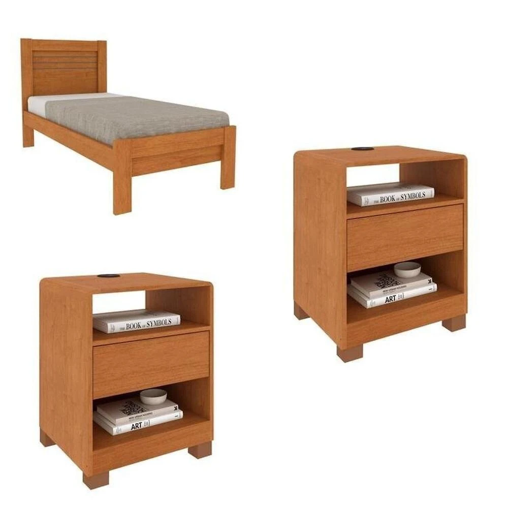 Conjunto Cama Solteiro Safira e 2 Mesas de Cabeceira Luna com Usb Espresso Moveis Cinamomo/Cinamomo