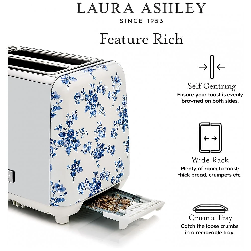 Torradeira 2 Fatias em Aço Inox Laura Ashley Rosa China com estampa floral, Slots Largos, 7 Níveis, Funções Descongelar, Reaquecer