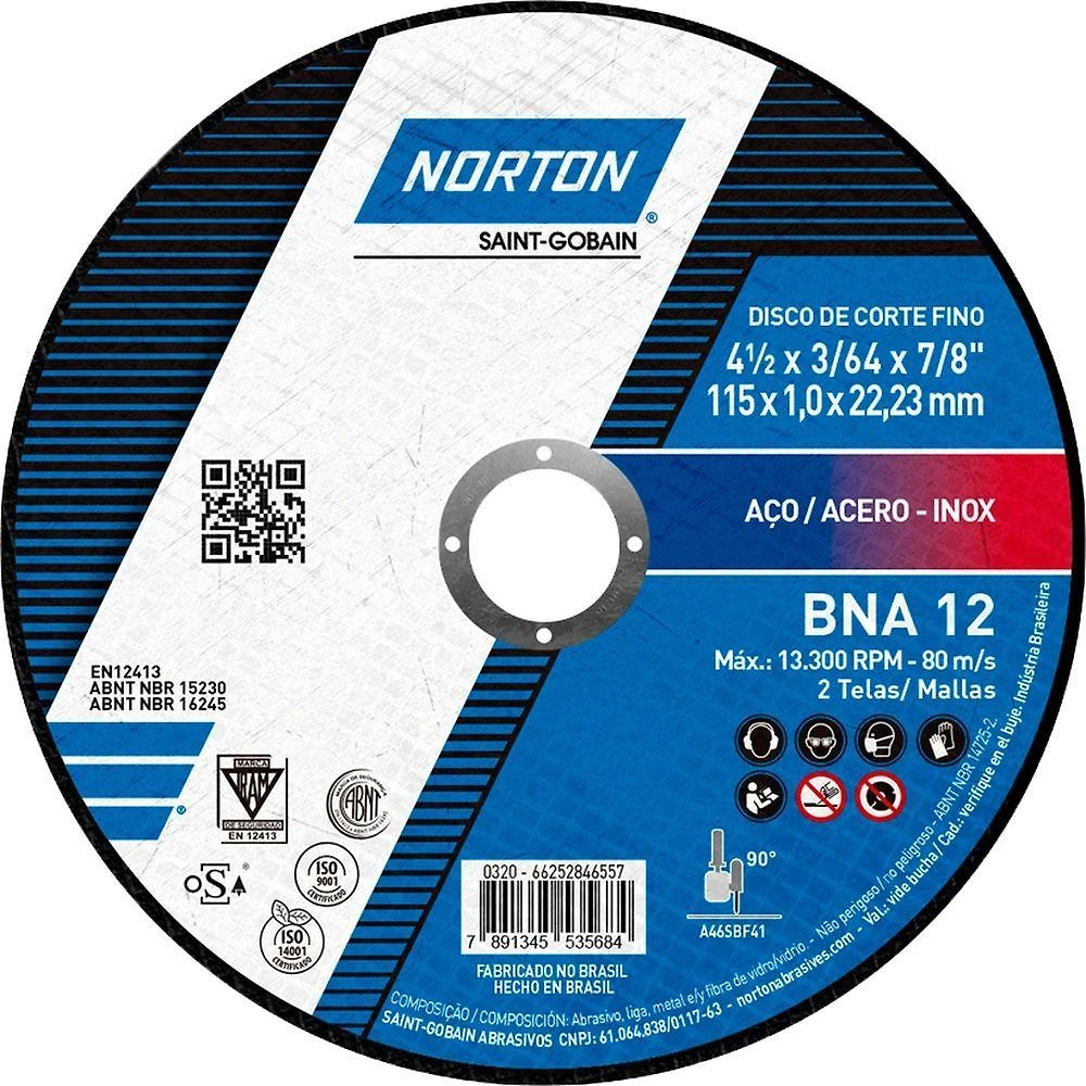 Disco de Corte Norton BNA12 para Aço Inox Corte Fino Grão g 46 115MM