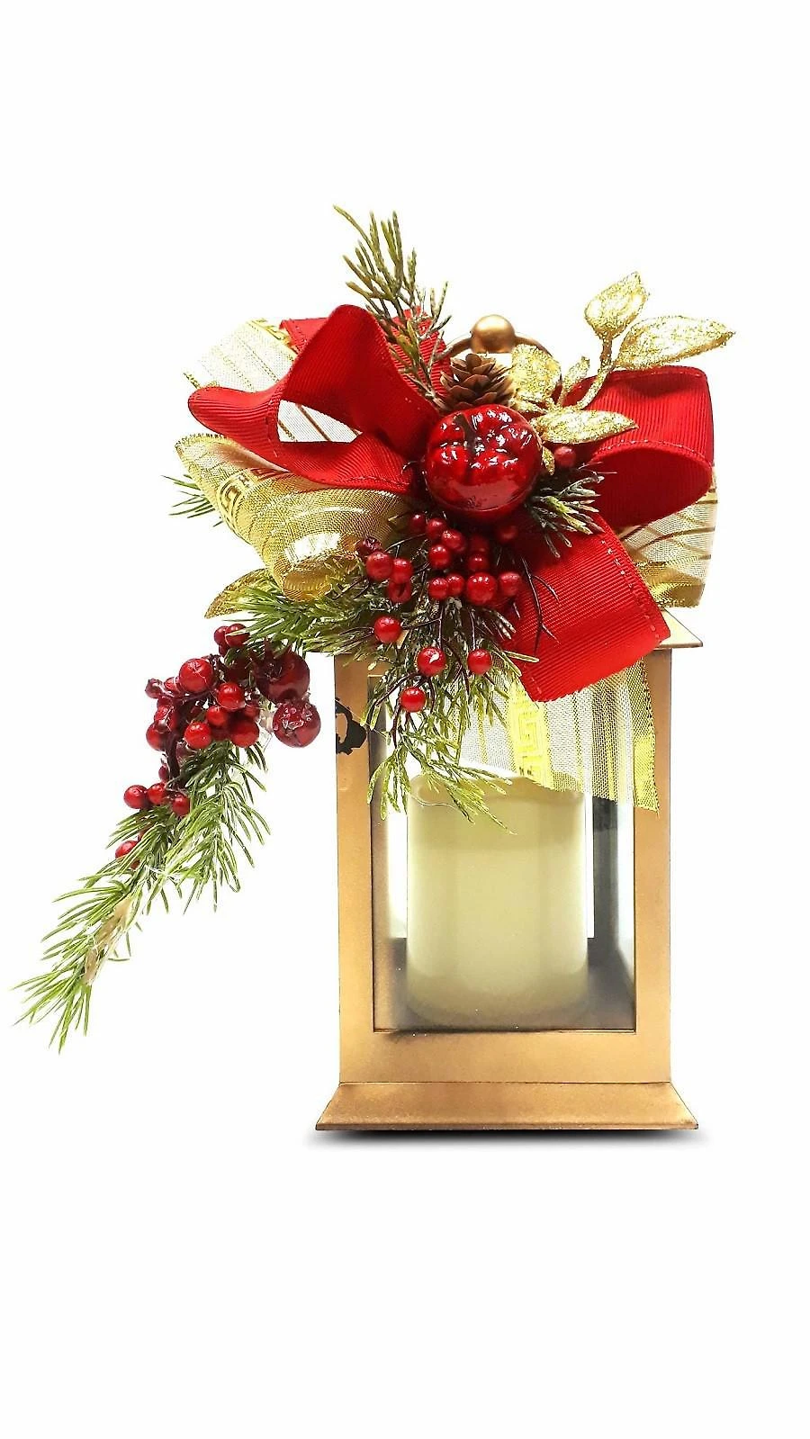 Miniatura Lampião 24Cm Dourado Com Vela Led E Enfeite Natalino