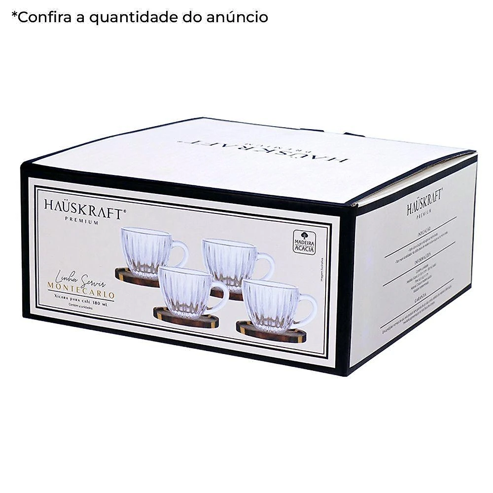 Xicara Montecarlo para Cha e Cafe Cristal com Pires Madeira Acacia 180ML Transparente Hauskraft