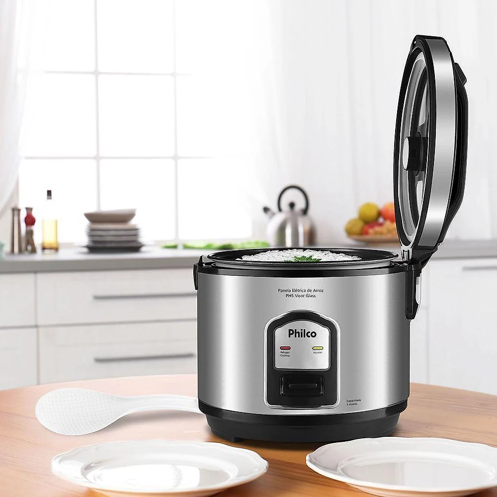 Panela de arroz elétrica philco ph5p 1l inox com visor em vidro e função manter aquecido 220v