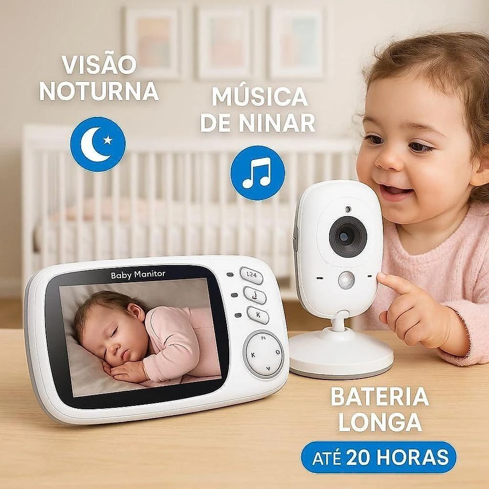Babá Eletrônica Tela 3,2 Visão Noturna Áudio Bidirecional Canção de Ninar Branco