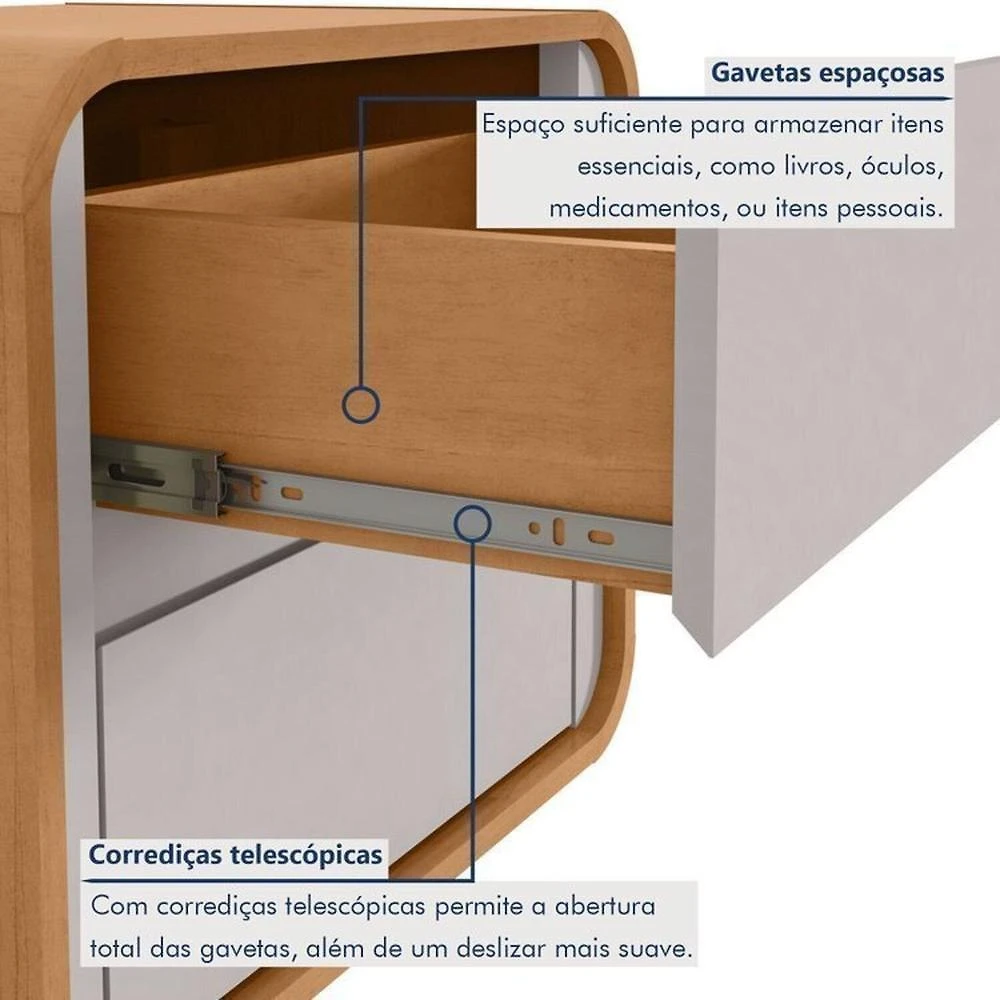 Quarto Completo Cama Solteiro com Cômoda 8 Gavetas e Mesa de Cabeceira Amêndoa Clean/Off White