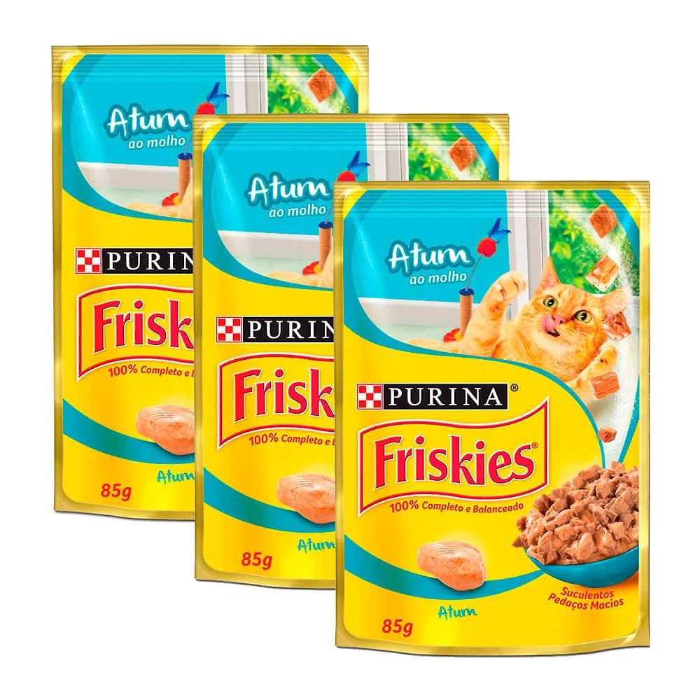 Kit 3 Ração Úmida para Gatos Friskies Adultos Sabor Atum ao Molho em Sachê 85g