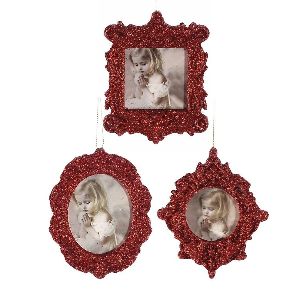 Enfeite Natalino Kit Porta Retrato Gliter Vermelho com Sistema Exclusivo para Fotos 10cm 6 Peças