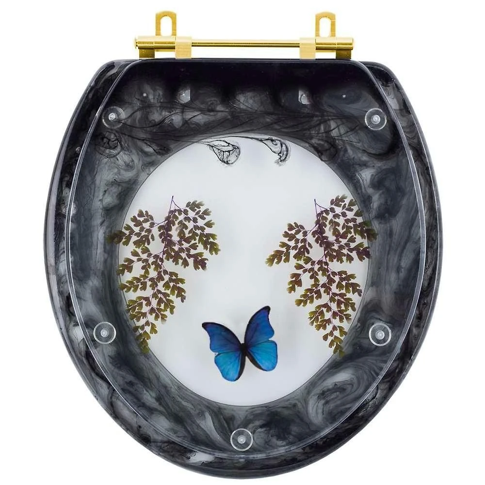 Assento Sanitário Borboleta Azul Oval Resina Plástica Convencional Decorado Preto Pontto Lavabo