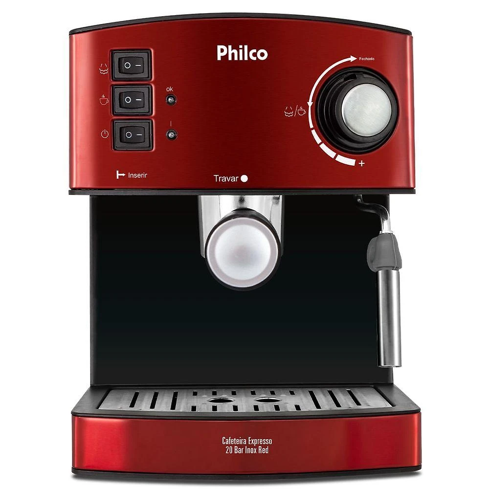 Miniatura Cafeteira Expresso & Cápsulas Philco 20 Bar Inox Red PCF24 220V