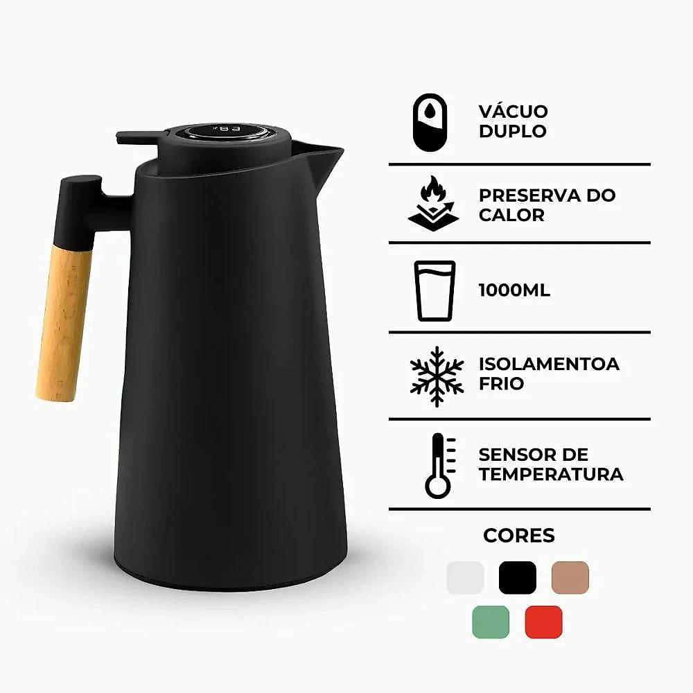 Garrafa Térmica Cabo Madeira Com Display Digital Termometro 1l - Garrafa Térmica Smart Wood