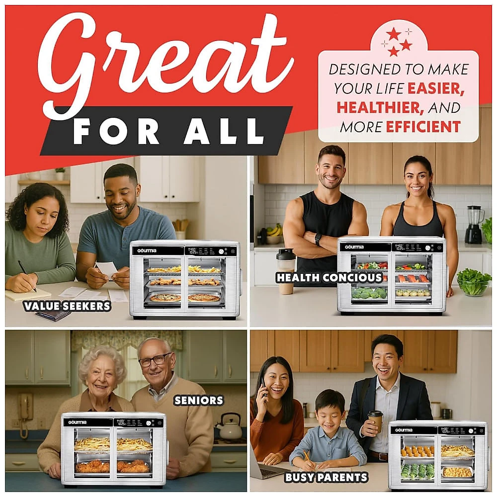 Gourmia Forno Air Fryer French Door 37 Qt Capacidade Grande, 12 Funções, Display Digital, Aço Inox Prata